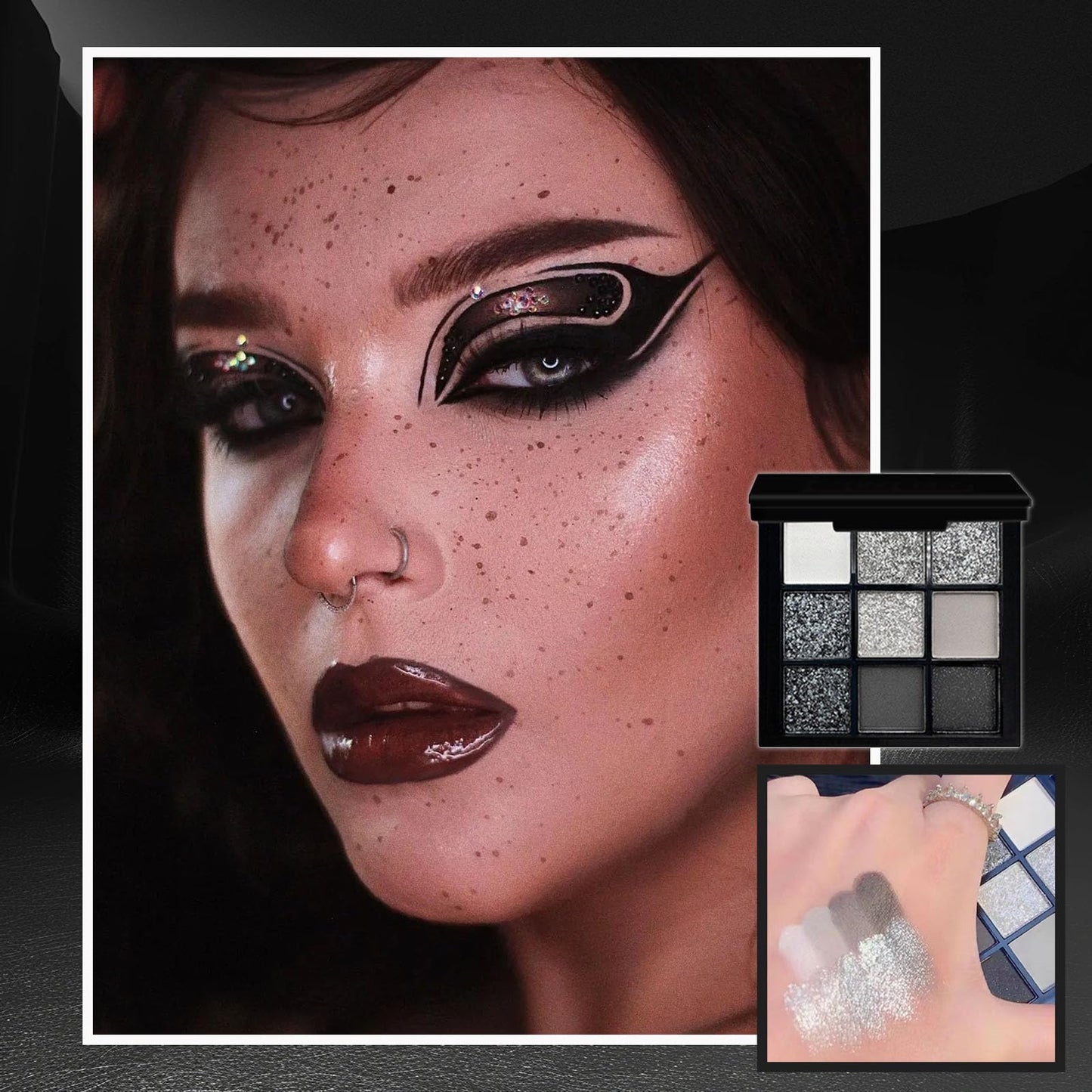 LYNTYAOU Black Smoky Eyeshadow Palette, Matte Glitter Eye Shadow Pallets, 9 Colour Grey Eye Makeup for Women, Cool Girl Eyeshadows Gothic Style, Highly Pigmented Gifts