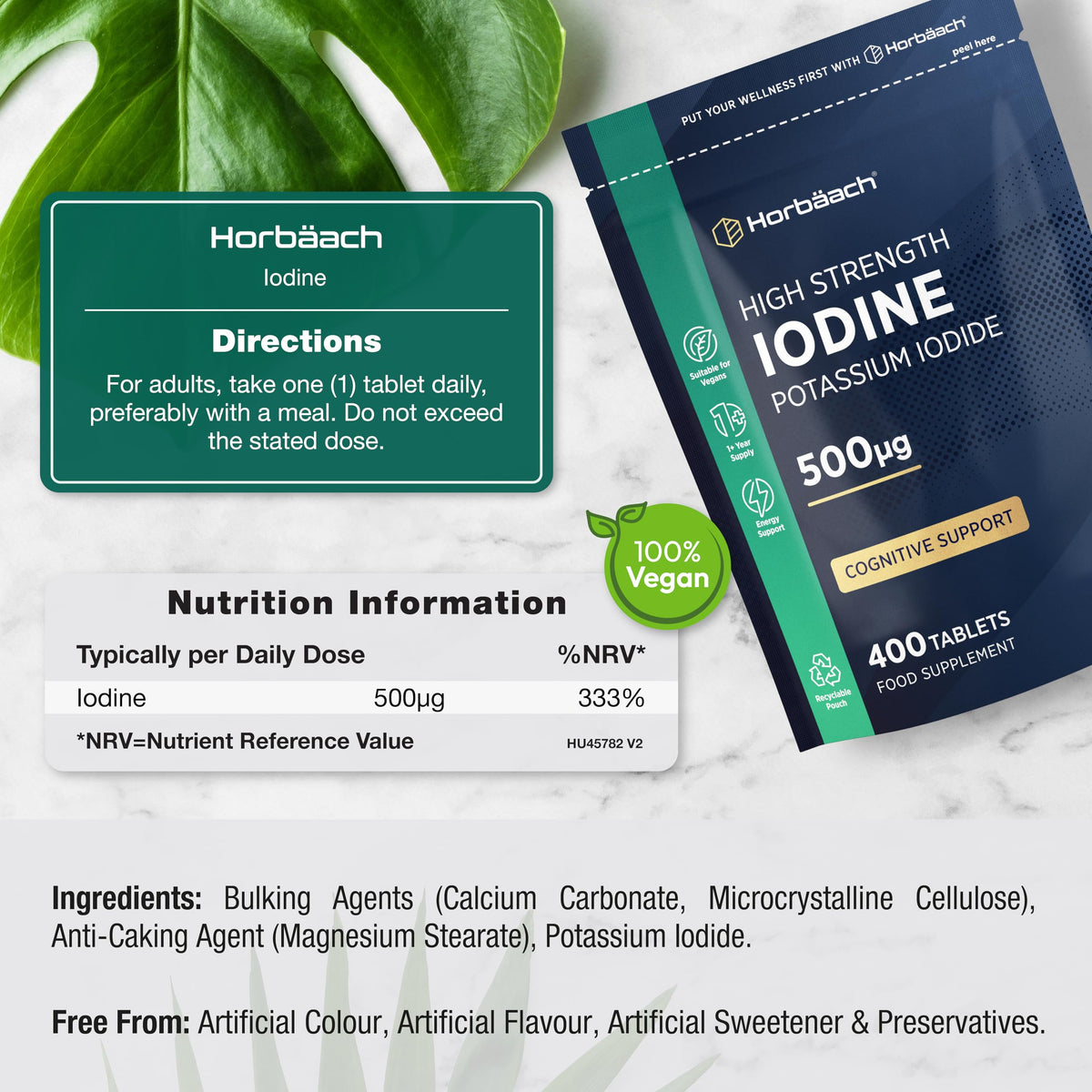 Horbäach Iodine Supplement 500mcg | 400 Vegan Tablets (1+ Year Supply) | High Strength Potassium Iodide | by Horbaach