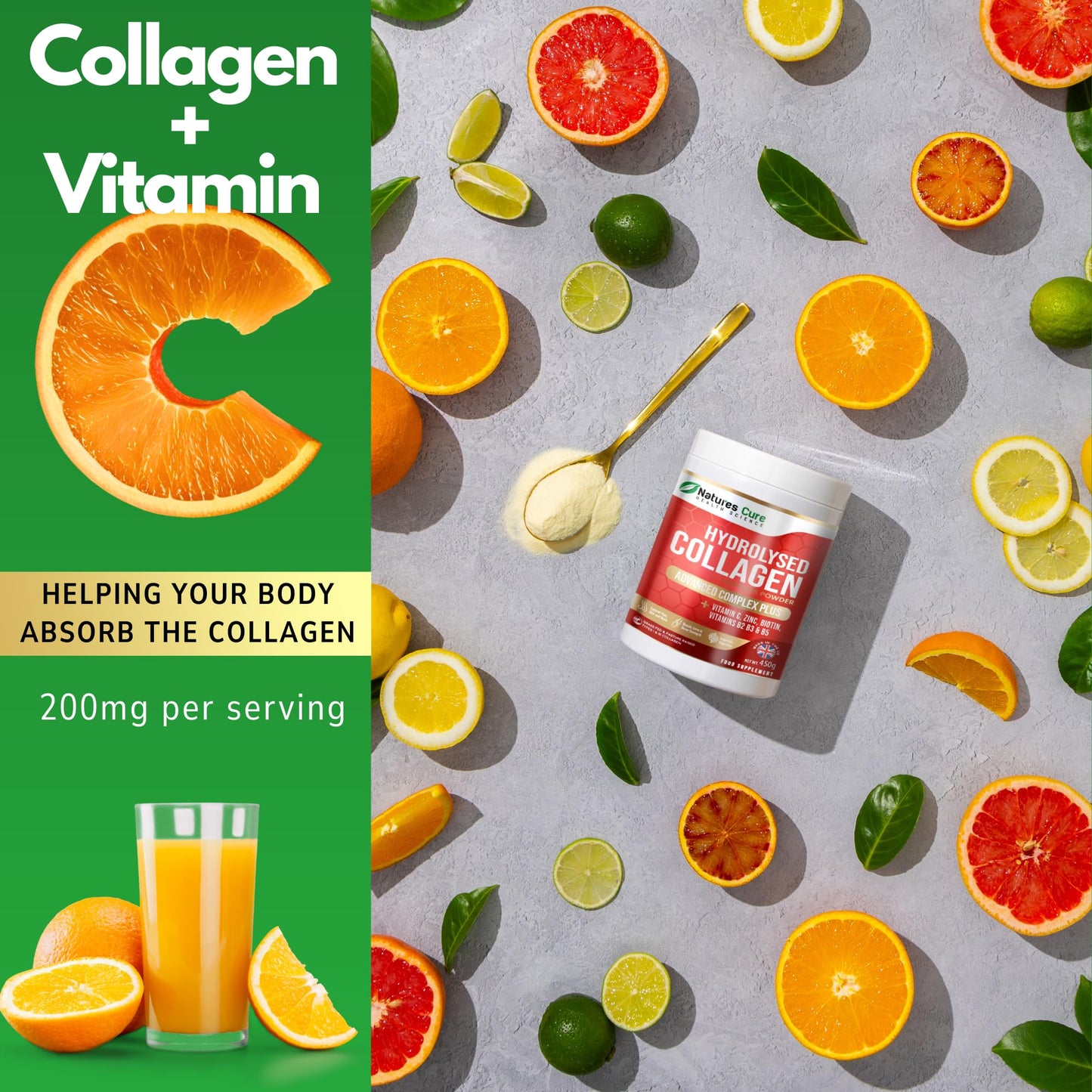 Natures cure Premium Collagen Powder Complex – Bovine Collagen Peptides 450g- Enriched with Essential B Vitamins, Vitamin C, Zinc & Biotin – Pure Hydrolysed Collagen Supplement – by Natures Cure
