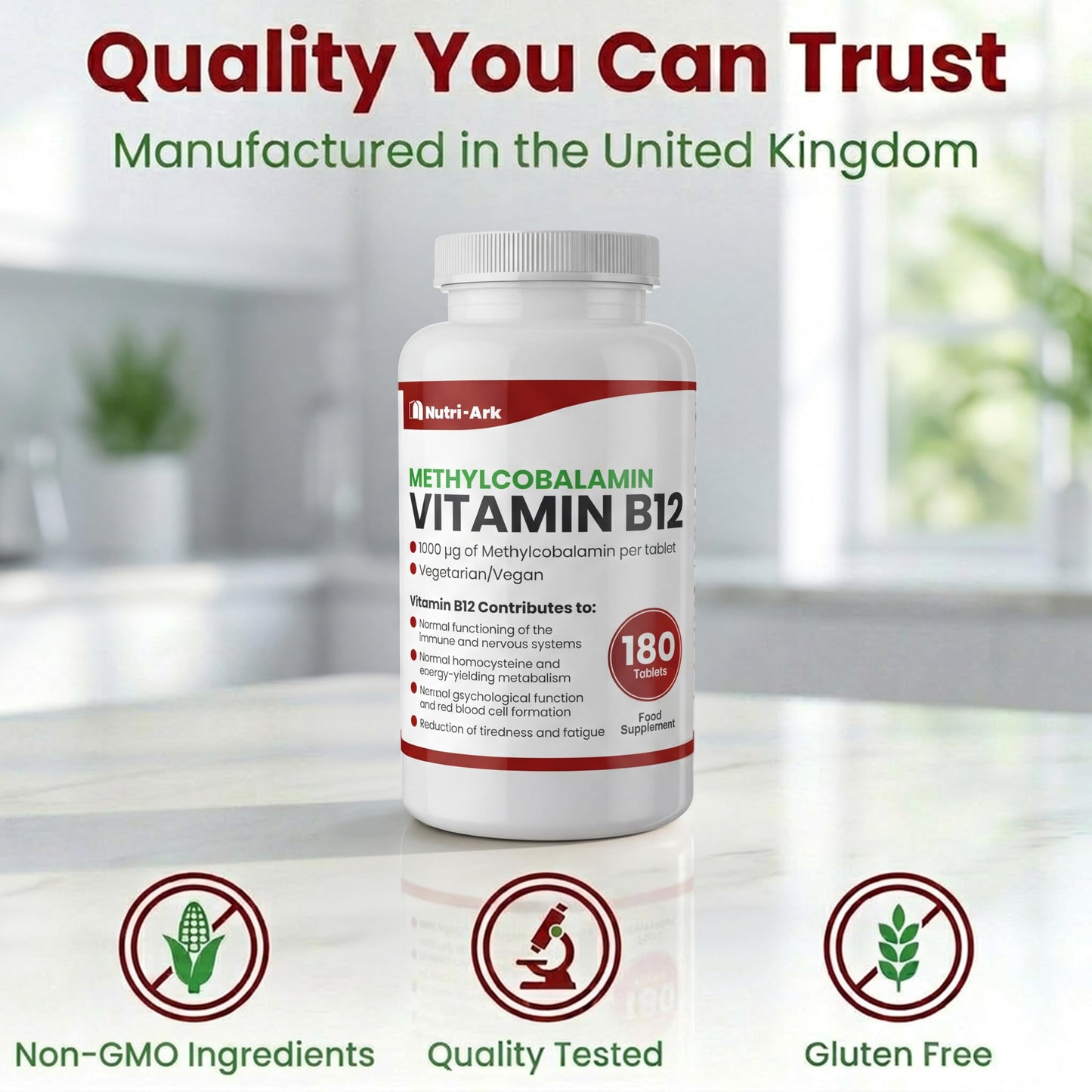 Vegan Vitamin B12 Methylcobalamin 1000mcg 180 Tablets (6 Months Supply) Made in the UK by Nutri-Ark