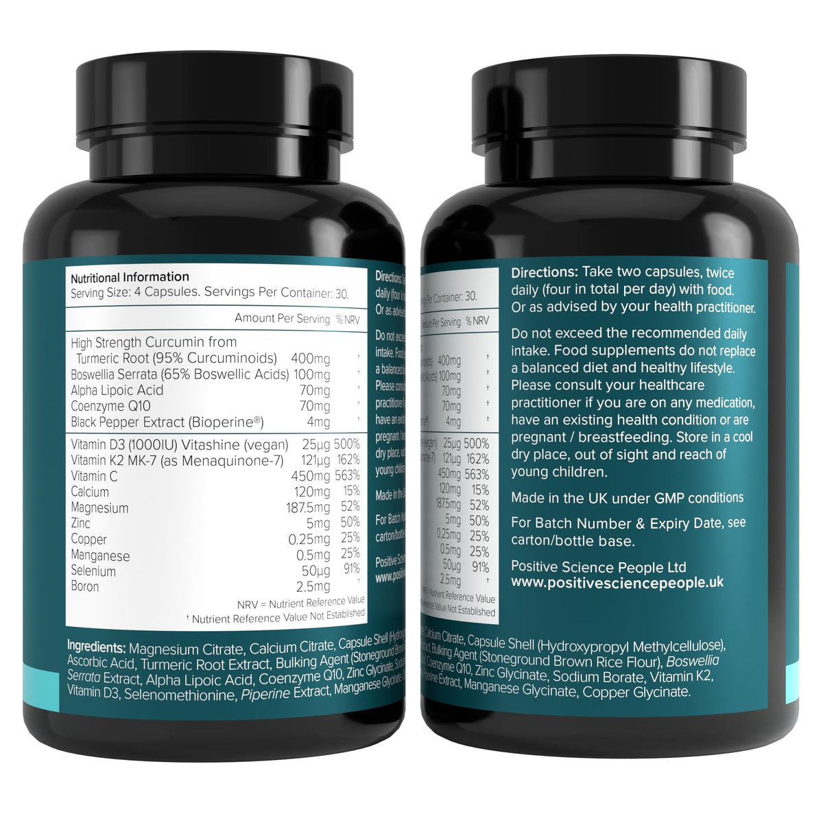 Positive Science People Joint Care Supplement - High Strength Curcumin from Turmeric with 95% Curcuminoids, Boswellia, Boron, Vitamin D3, K2 MK-7, Magnesium & More - Vegan, 120 Capsules