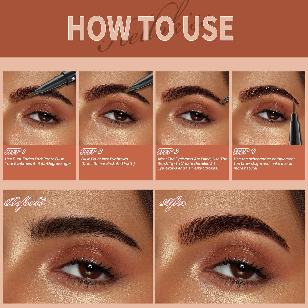 Mikloven 2-in-1 Eyebrow Pen with Ultra-Fine Tip and 4-Pronged Head for Precision Definition, Filling, and Feathering - Smudge-Proof Long-Lasting Dark Brown Tint for Natural-Looking Brows and Everyday Touch-Ups
