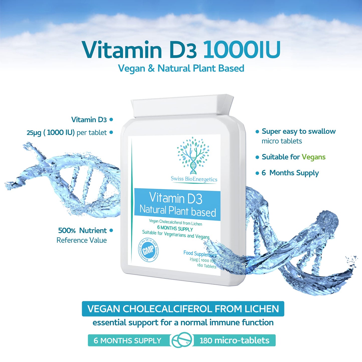 swiss bioenergetics Vitamin D3 1000 IU - 100% Vegan - 6 Months Supply - Natural Cholecalciferol derived from Algae, Making it Low-CO2 and 100% Plant sourced - no pesticides and no Harsh solvents - UK Made