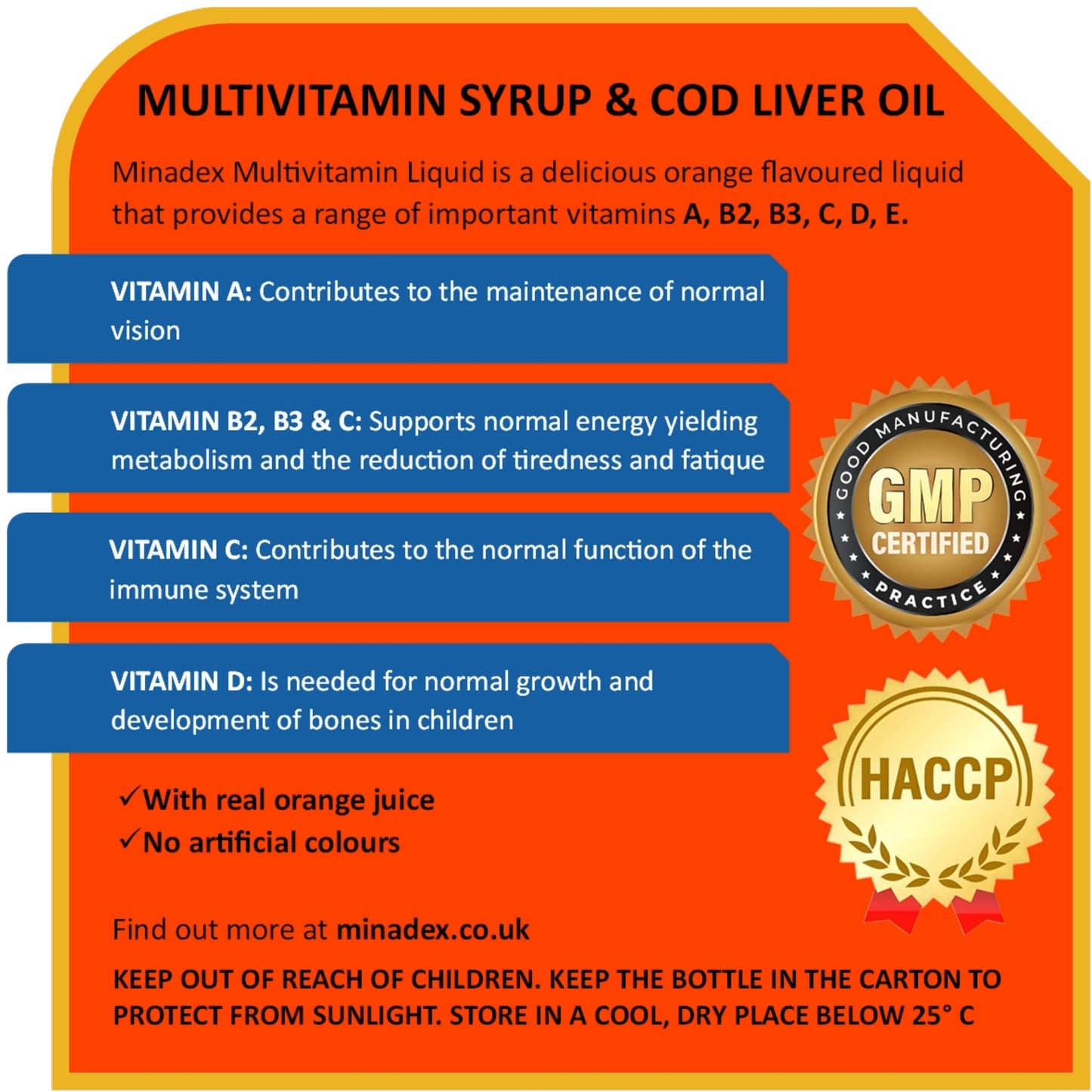 Minadex Multivitamin Liquid for Adults & Kids (Delicious Orange Flavour), 150 ml - Omega-3 & Vitamins A, B2, B3, C, D, E for Reduction of Tiredness and Fatique