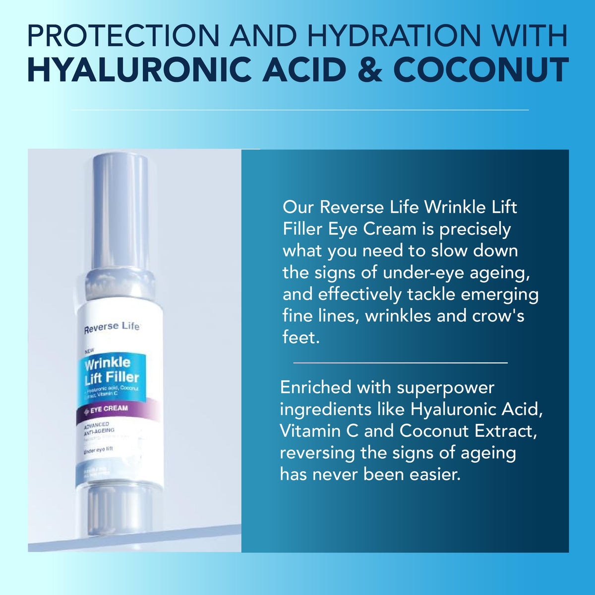 Reverse Life - Lifting Eye Cream for Wrinkles - Eye Cream for Dark Circles and Puffy Eyes with Lifting and Filling Properties - Hyaluronic Acid, Coconut Extract & Vitamin C - 30ml