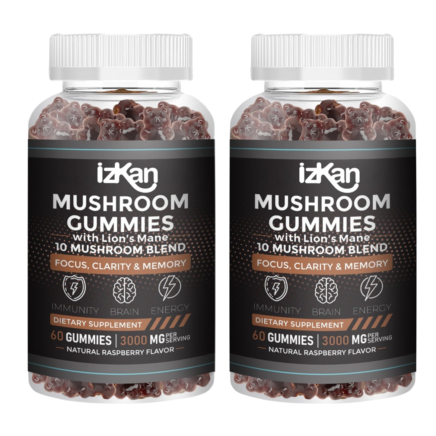 Izkan Lion's Mane Gummies 3000mg - 10 Brain Health Mushrooms Gummies Supplement Promotes Focus, Memory, and Mood - 60 Count (Rasberry Flavor, Halal, Gluten-Free, Vegan) (2)