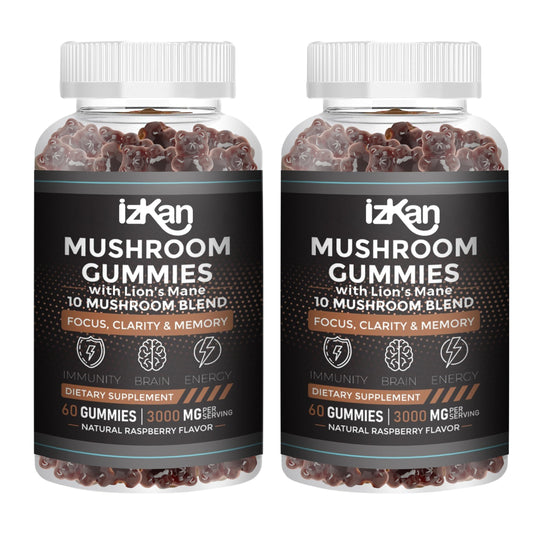Izkan Lion's Mane Gummies 3000mg - 10 Brain Health Mushrooms Gummies Supplement Promotes Focus, Memory, and Mood - 60 Count (Rasberry Flavor, Halal, Gluten-Free, Vegan) (2)