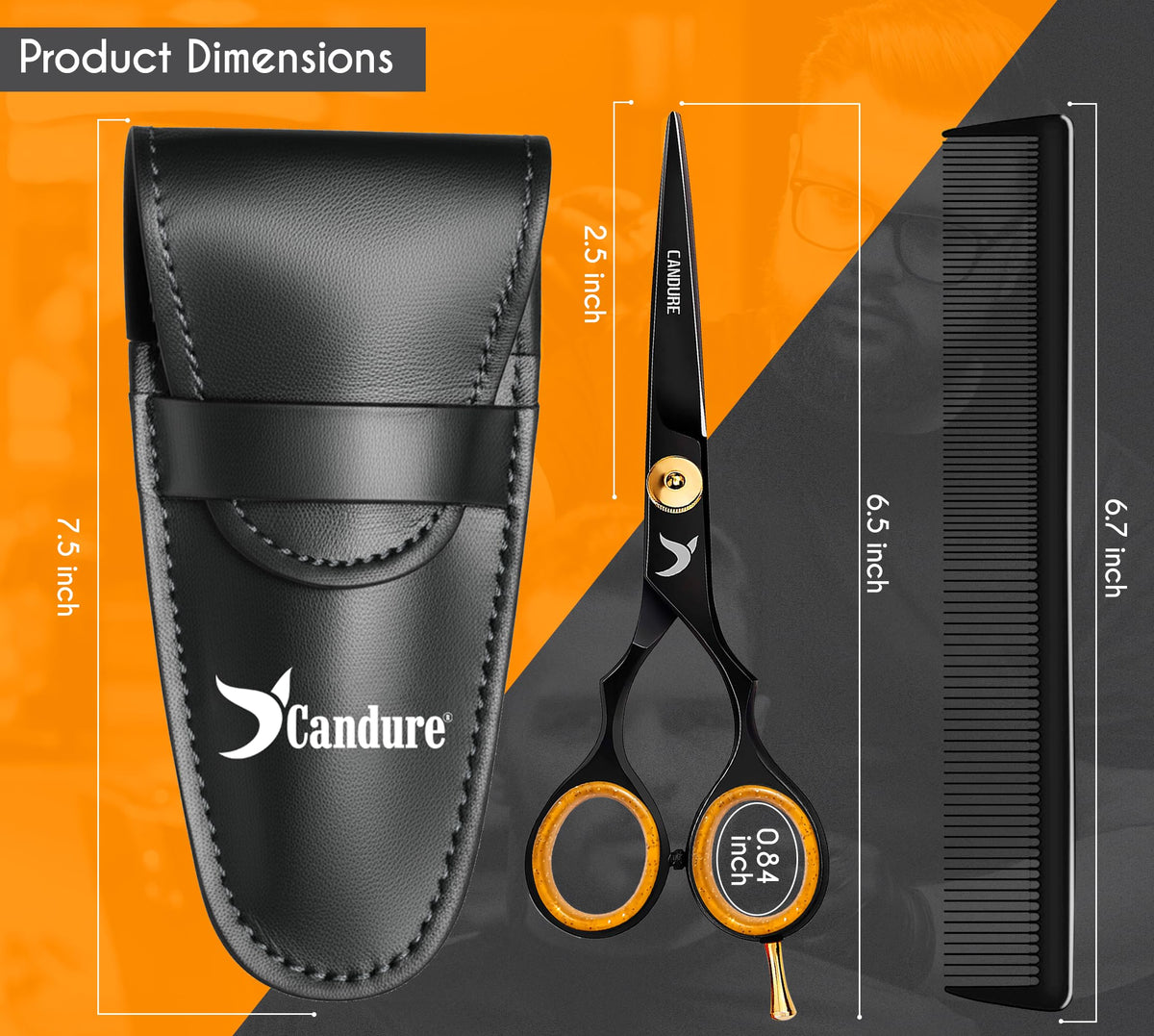 Candure Hairdressing Scissor with Comb & Leather Pouch 6.5" - Hair Scissor for Professional Hairdressers, Barbers Stainless Steel Hair Cutting Shears for Salon, Men, Women, Children and Adults Black