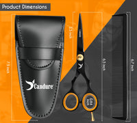 Candure Hairdressing Scissor with Comb & Leather Pouch 6.5" - Hair Scissor for Professional Hairdressers, Barbers Stainless Steel Hair Cutting Shears for Salon, Men, Women, Children and Adults Black