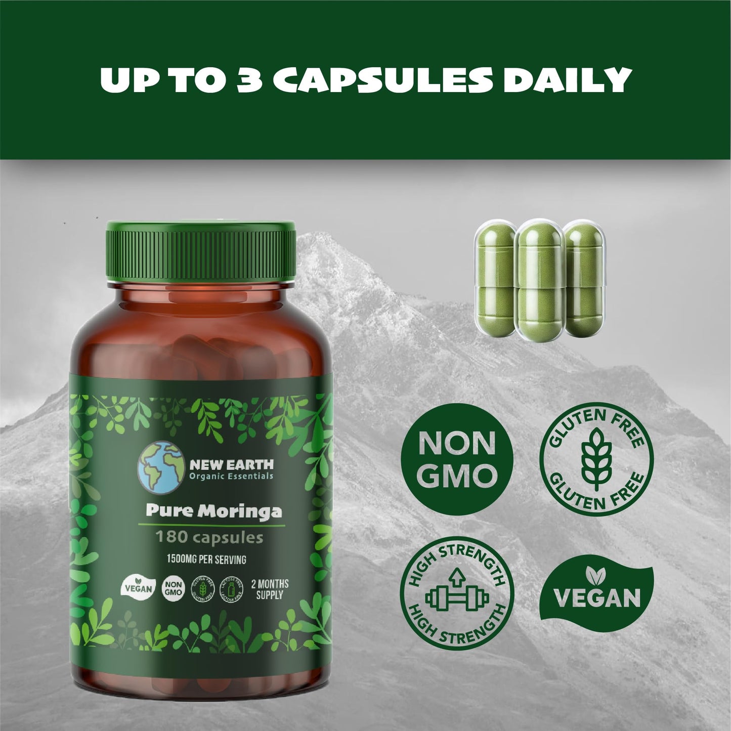 New Earth Organic Essentials Pure Moringa Capsules - Pure Moringa Oleifera Leaf Powder -180 Vegan Capsules