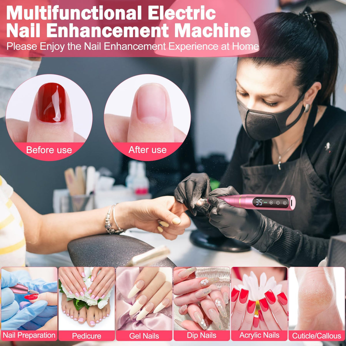 Nail girl Nail Drill NAILGIRLS Rechargeable Cordless Nail Drill Machine, Portable Electric Nail Drill 35000RPM Professional Electric Nail File for Acrylic Gel Nails, Efile Manicure Pedicure Polishing, Pink
