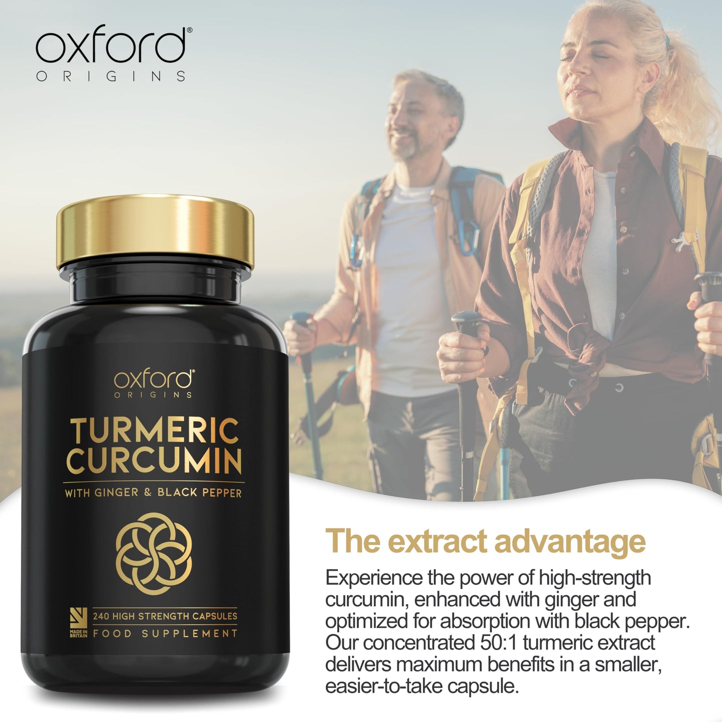 Oxford Origins Advanced Turmeric and Black Pepper Capsules Made in the UK | ONE per Day Turmeric Supplement with Ginger & Black Pepper | High Absorption Tumeric Supplement Joints Care (240 Count)
