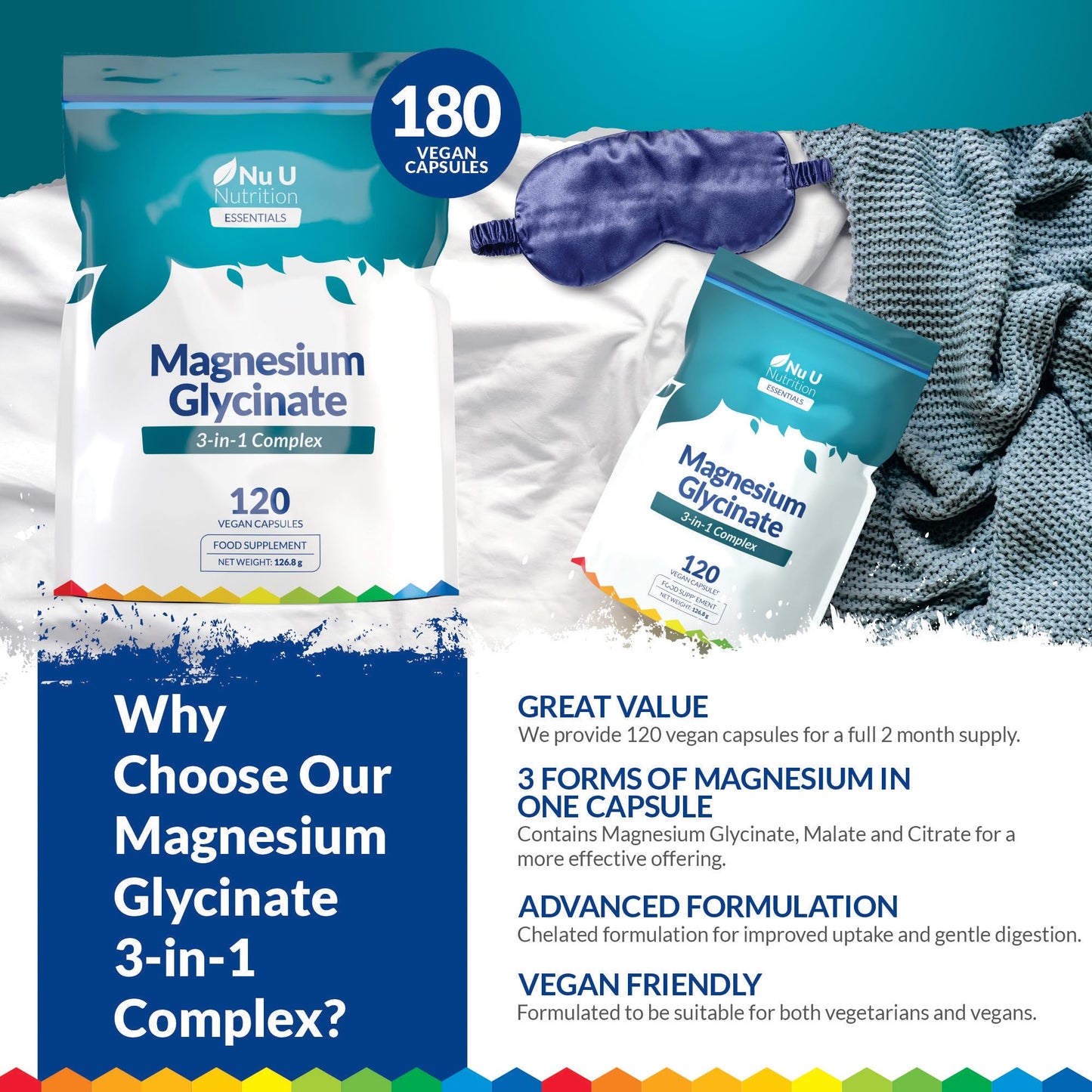 Magnesium Glycinate 3-in-1 Complex 1813mg - 120 Vegan Capsules - Triple High Absorption Bisglycinate, Citrate & Malate - 384mg Elemental Mag per Serving - Made in The UK - Nu U Nutrition