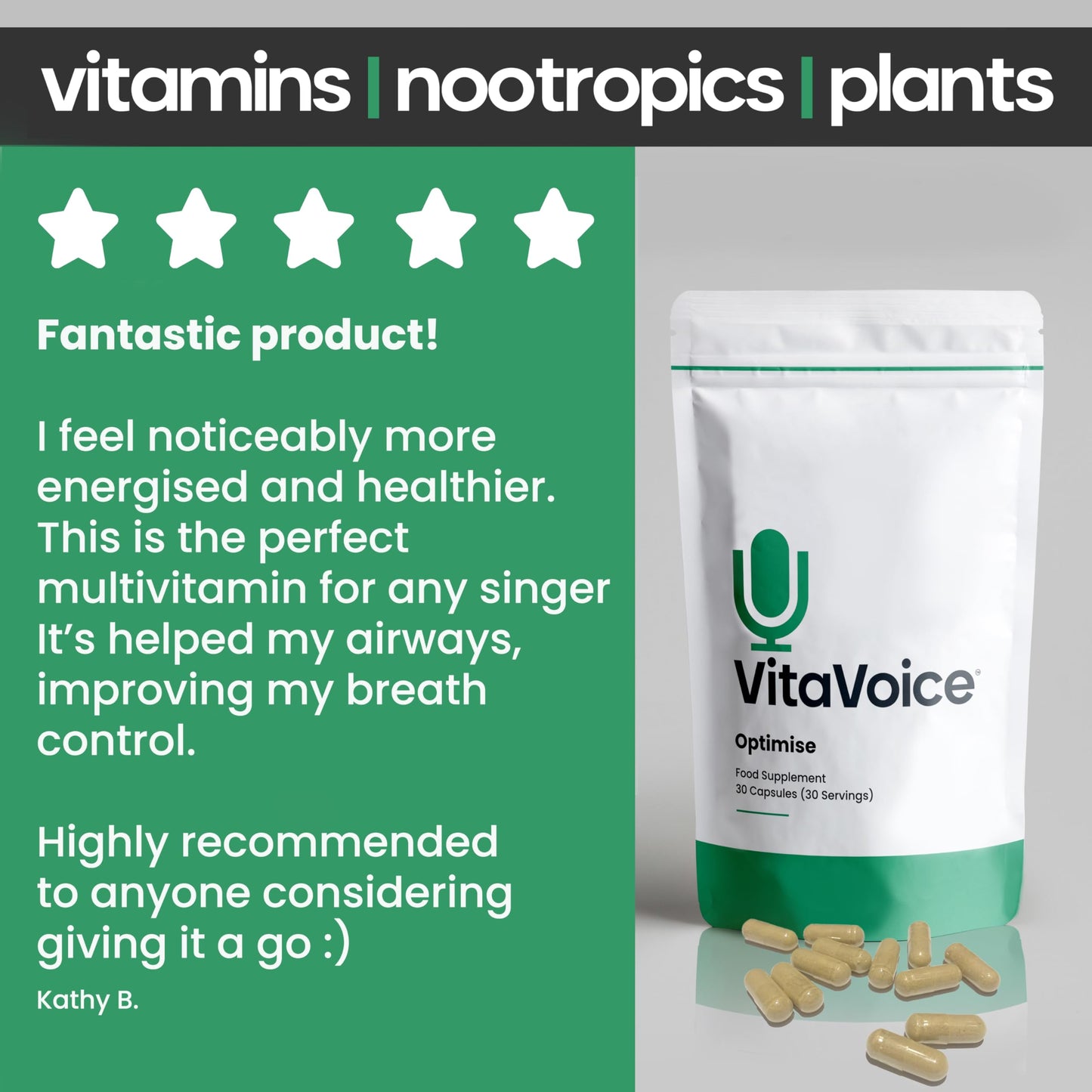 VitaVoice Nootropics & Vitamins | Formulated for Vocal Health, Wellbeing & Mindset | 30 Capsules