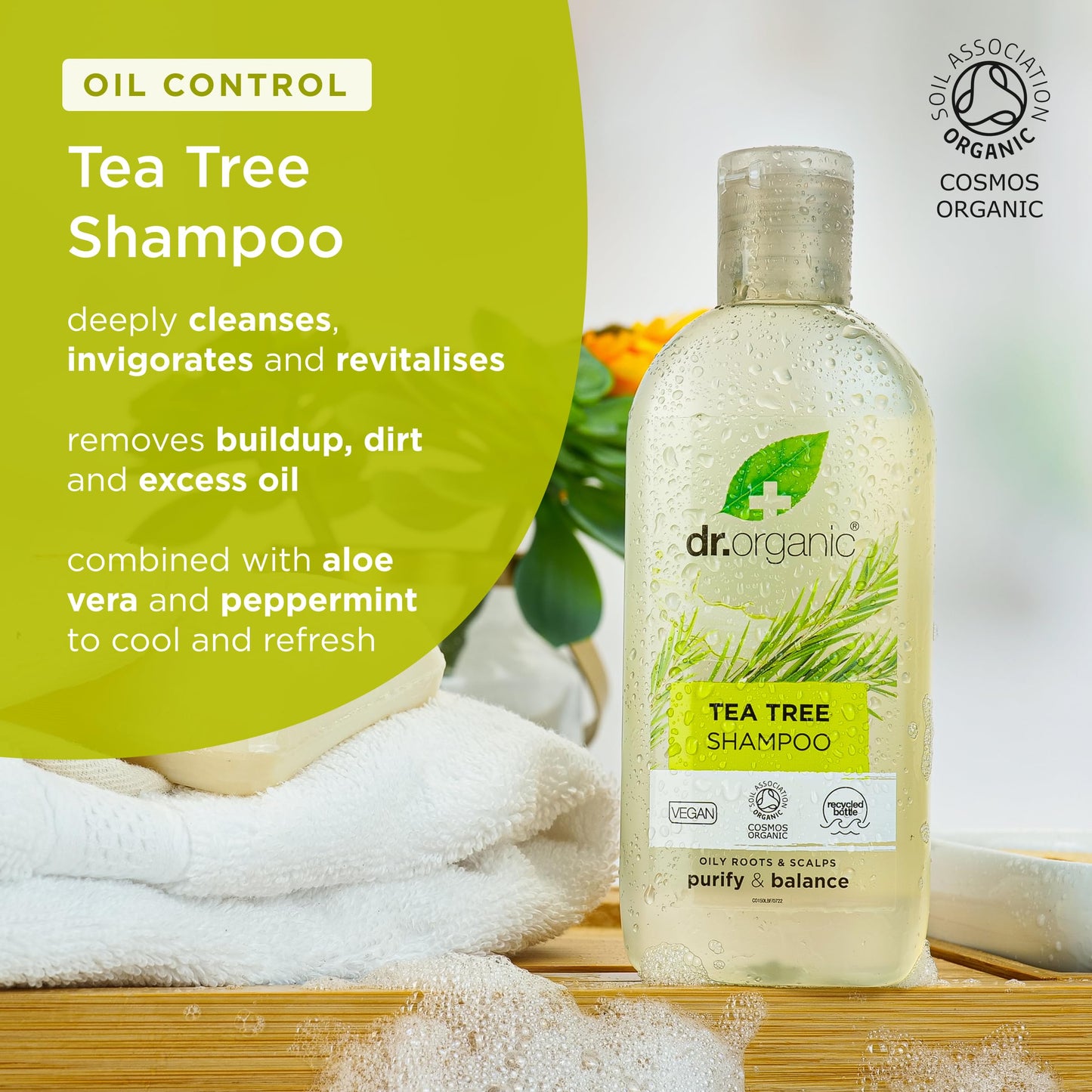 Dr. Organic Dr Organic Tea Tree Shampoo, Purifying, Oily Roots & Scalps, Natural, Vegan, Cruelty-Free, Paraben & SLS-Free, Recyclable & Recycled Ocean Bound Plastic, Certified Organic, 265ml, Packaging may vary