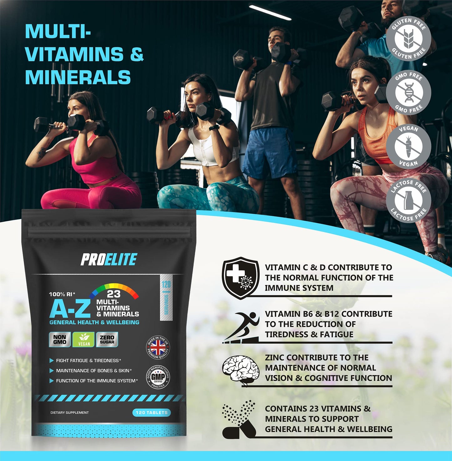 Multivitamins & Minerals - 120 Vegan Tablets - One a Day 100% RDA - 23 Essential Vitamins & Minerals in A-Z Multivitamin Tablet - Made in The UK by PROELITE