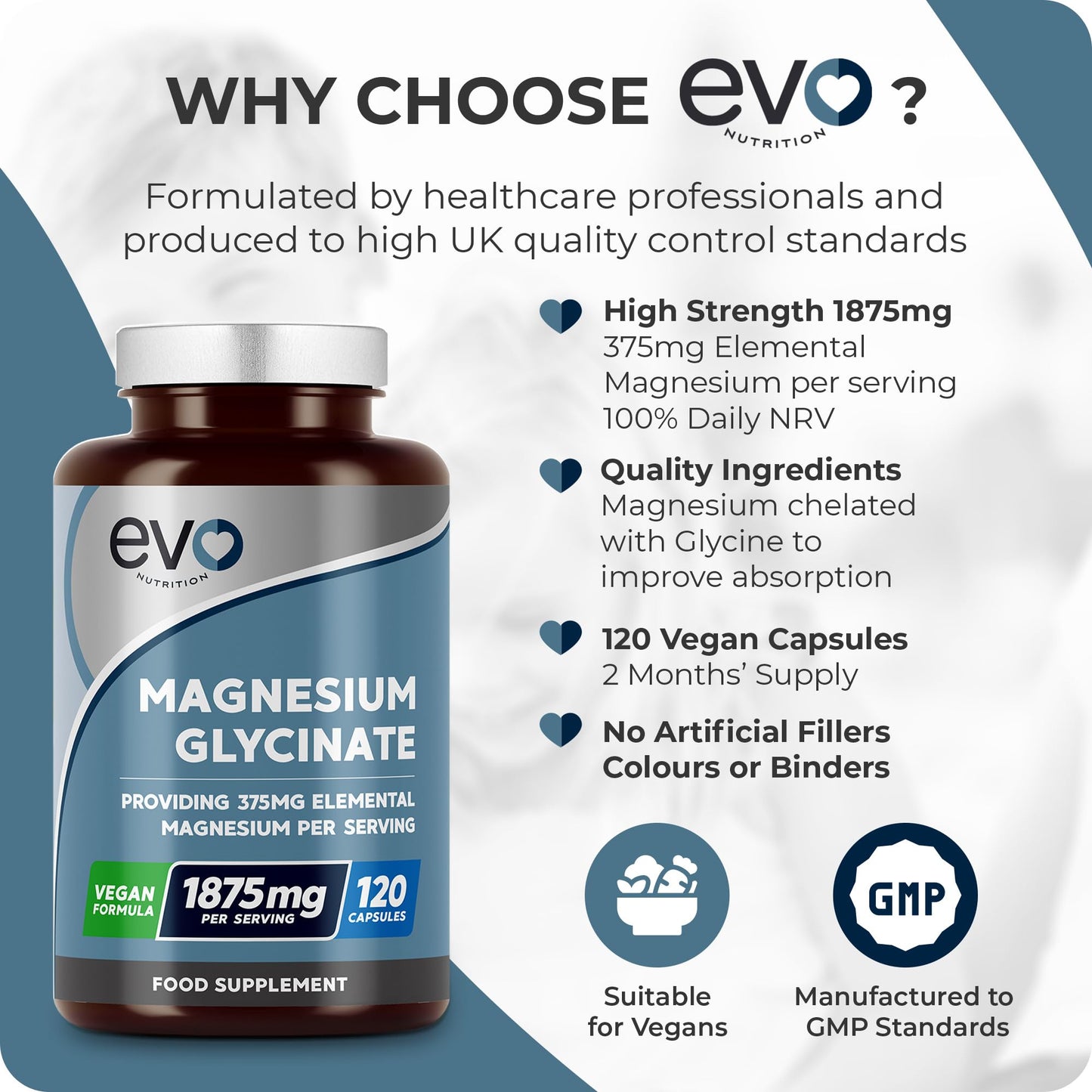 Magnesium Glycinate Supplement, 120 Capsules | Designed to Support Sleep, Energy, Body & Cognitive Health | High Strength 1875mg per Serving with 375mg Elemental | Vegan & UK Made | EVO NUTRITION