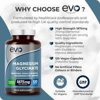 Magnesium Glycinate Supplement, 120 Capsules | Designed to Support Sleep, Energy, Body & Cognitive Health | High Strength 1875mg per Serving with 375mg Elemental | Vegan & UK Made | EVO NUTRITION