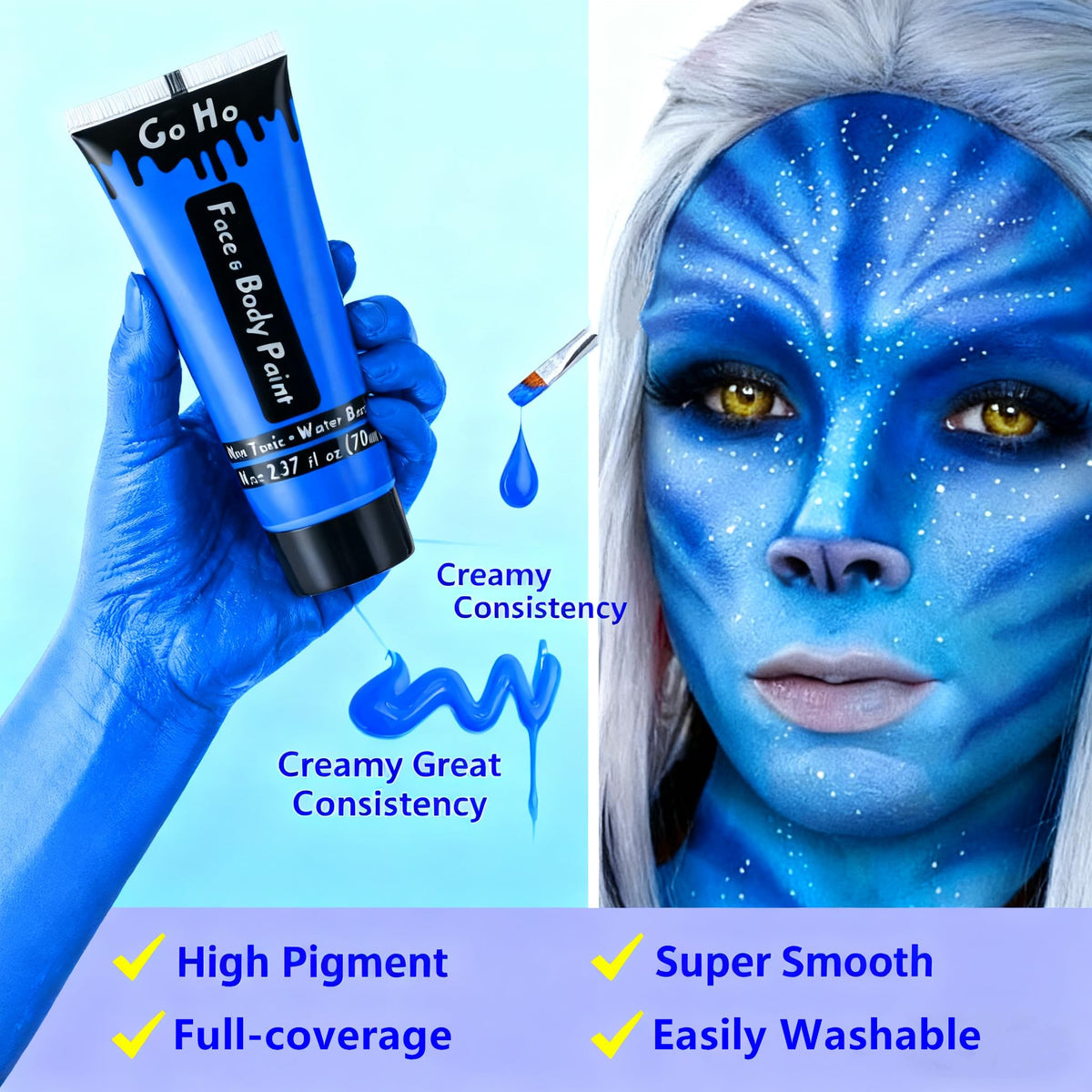 Go Ho Blue Cream Face Body Paint(2.37oz,70ml),Water Based Face Paint,Blue Makeup Face Painting for SFX Cosplay Costumes Festivals Halloween Makeup
