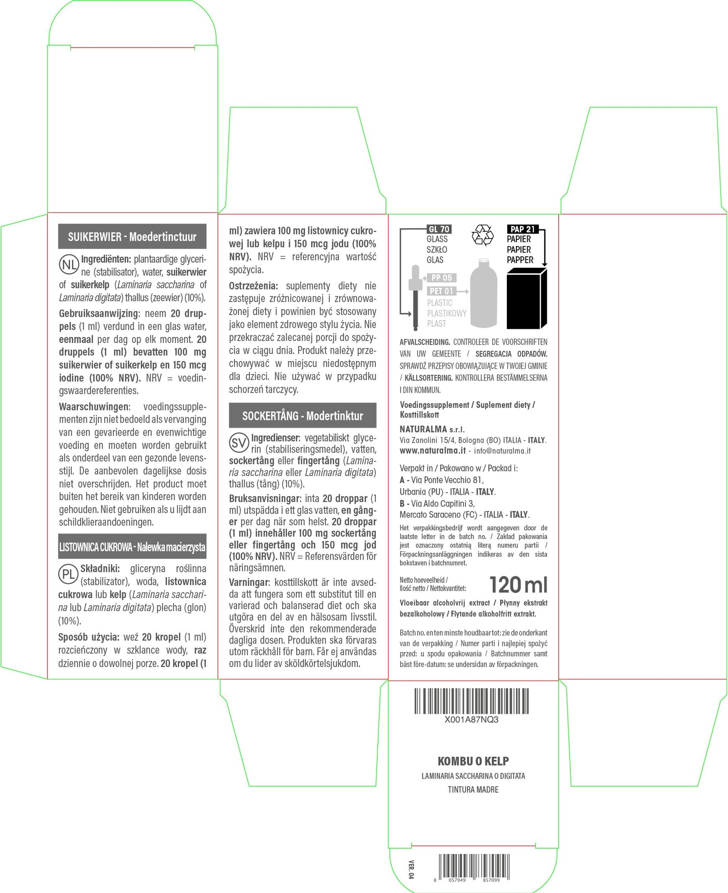 Sugar kelp or Kombu (Laminaria saccharina or L. digitata) Thallus (Seaweed) Alcohol-Free Mother Tincture Naturalma | Liquid Extract Drops 120 ml | Food Supplement | Vegan