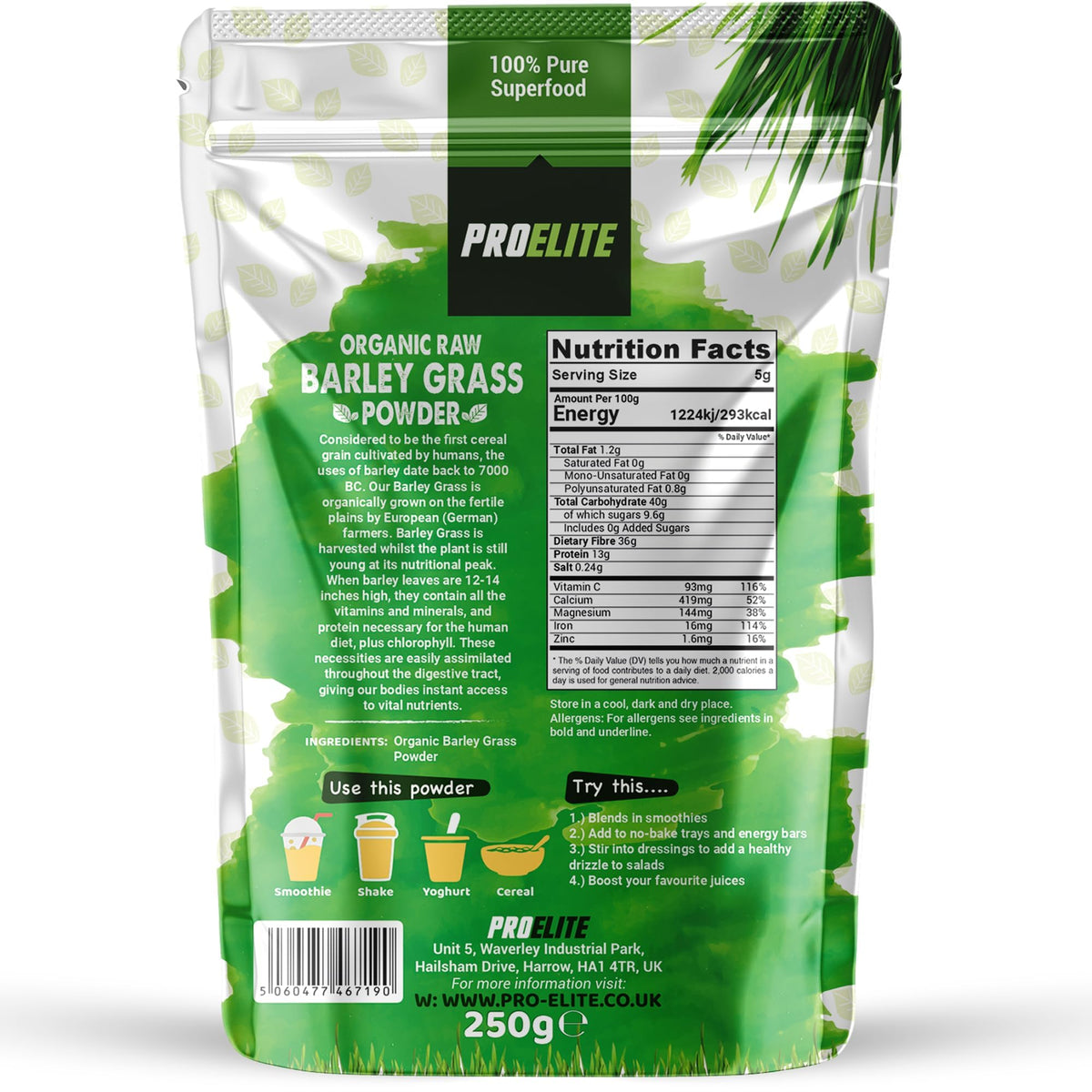 Organic Barley Grass Powder 250g - Certified Organic Grown in EU - 100% Raw Natural Gluten Free Superleaf Superfood Powder for Smoothies & Juices PROELITE