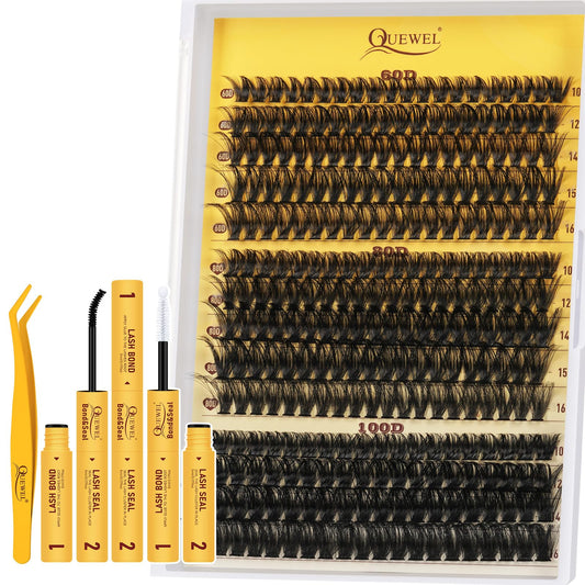QUEWEL Fluffy Individual Eyelashes Kit 60+80+100D Clusters Lashes Kit, Eyelash Individual DIY Lash Extension kit Mix 10-16mm, Individual Cluster with Bond and Seal (60D+80D+100D-KIT)