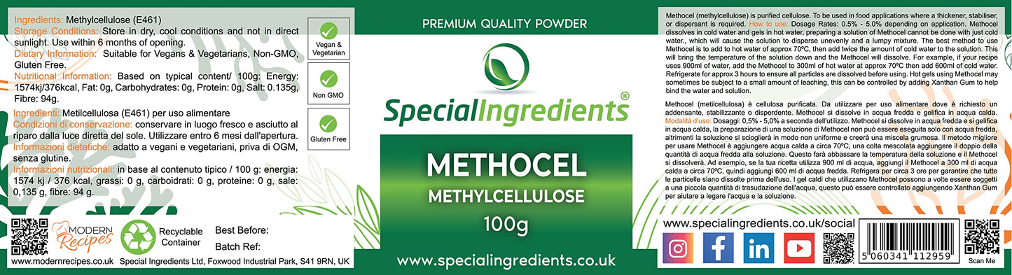 SPECIAL INGREDIENTS Methocel Methylcellulose 100g Premium Quality Food Grade, Vegan, Non-GMO, Gluten Free – Recyclable Container