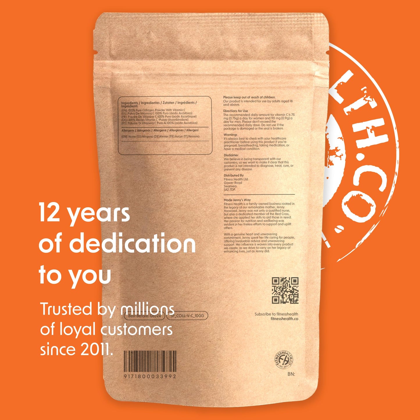 Fitness Health Collagen Powder with Vitamin C 100G - Youthful Looking Skin - Bovine Collagen Hydrolysed - Boost Skin Health - Supplement for Skin