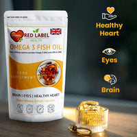 Red Label Health Omega 3 Fish Oil 1000mg, Pack of 90 Soft Gel Capsules (3 Months Supply), Double Strength 180mg EPA and 120mg DHA, Supports Eye, Heart & Brain Health for Men & Women - UK Made