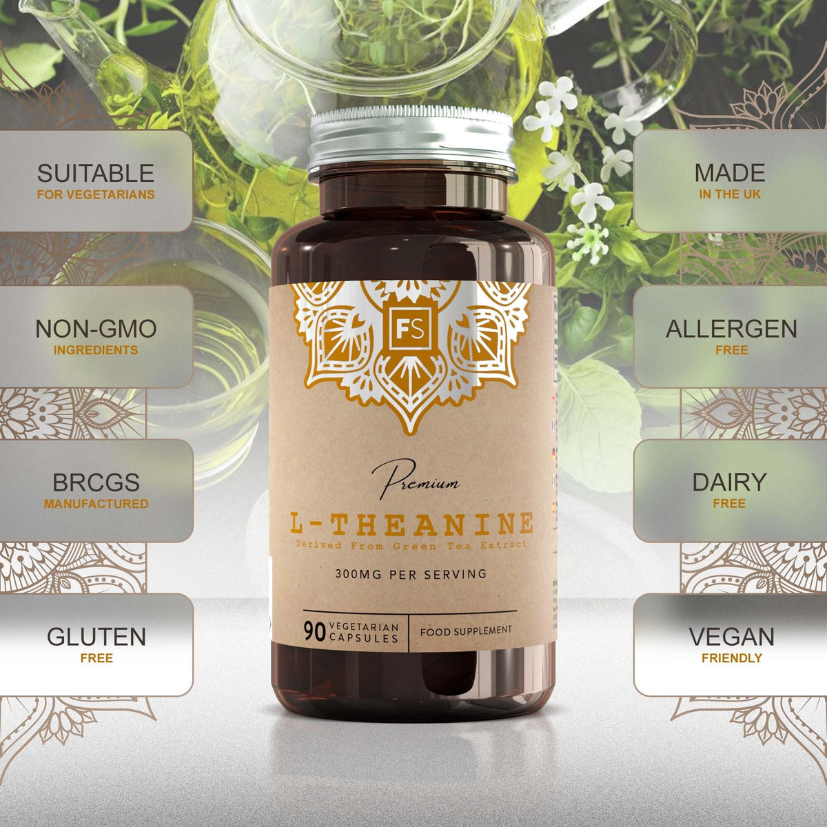 Focus FS L Theanine | 90 L-Theanine Capsules from Green Tea - High Strength 750mg Green Tea Extract Providing 300mg L'theanine per Serving | L Theanine Supplement | Non-GMO Gluten Free | Made in UK