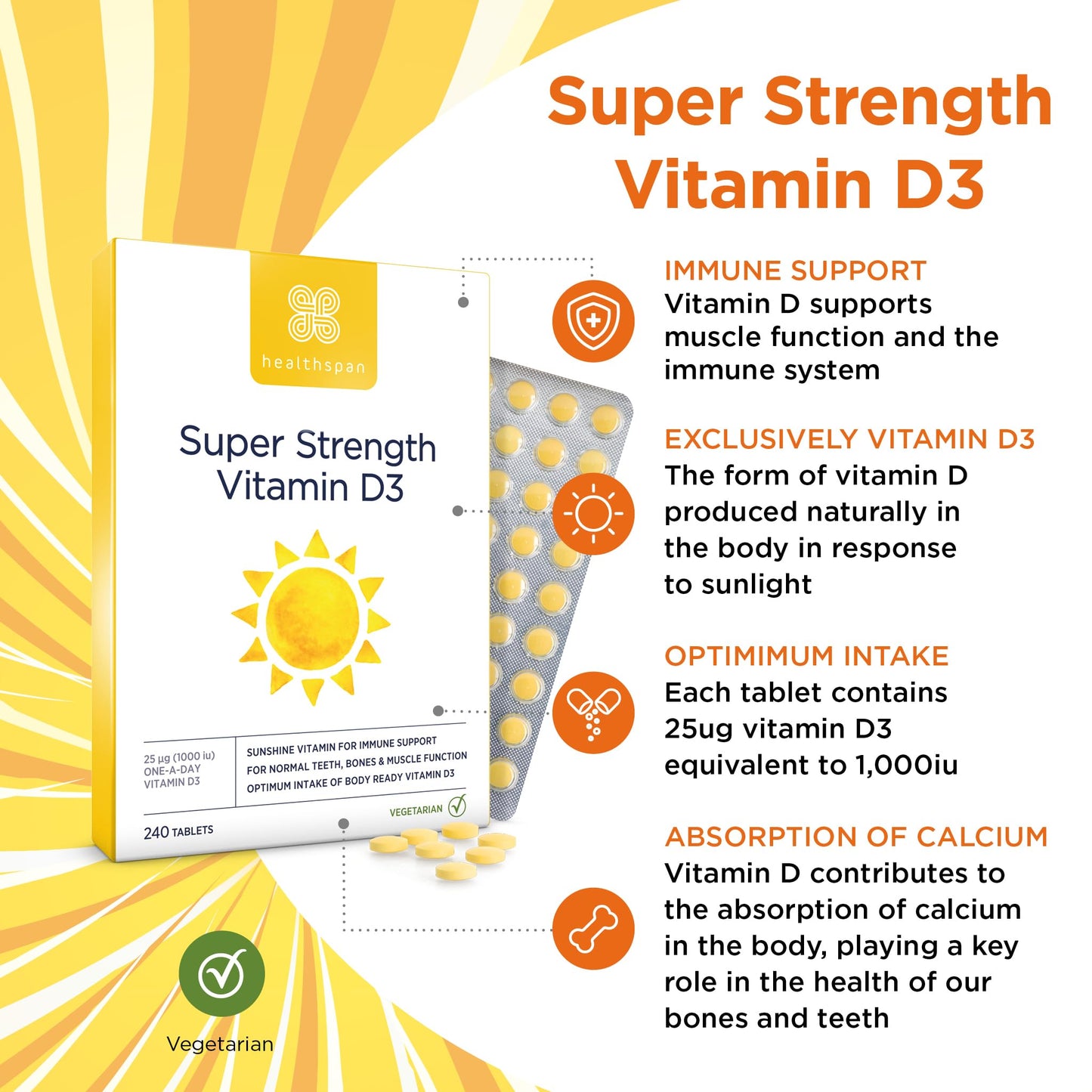 Healthspan Super Strength Vitamin D3 | Immune Health | Bone, Teeth & Muscle Health | Contains 1000iu Natural Source Vitamin D3 in Each Tablet | Vegetarian (60 Tablets)