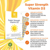 Healthspan Super Strength Vitamin D3 | Immune Health | Bone, Teeth & Muscle Health | Contains 1000iu Natural Source Vitamin D3 in Each Tablet | Vegetarian (60 Tablets)