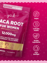 Maca Root Capsules for Women 12,000mg | Peruvian Maca Supplement | High Strength Black & Yellow Maca Root with Panax Ginseng and Black Pepper | Botanical Supplement to Support Women's Health | by PINK