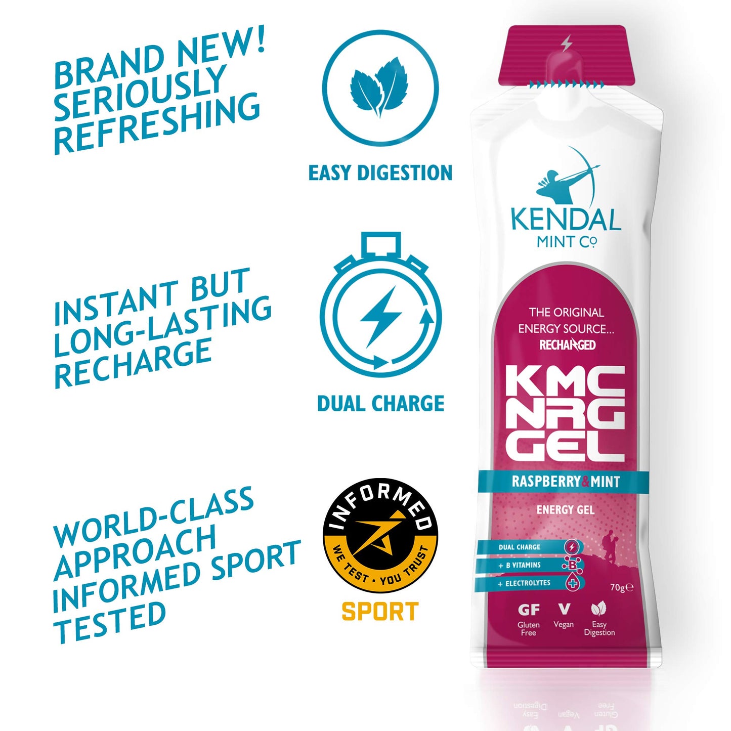 Kendal Mint Co. KMC NRG GEL: Refreshing Raspberry Mint Energy Gel | 27g Dual Carb | +Electrolytes | +B Vitamins | Informed Sport | Vegan | Gluten Free (6x70g)