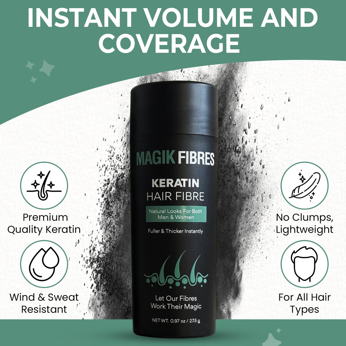 Magik Fibres Hair Fibres for Men and Women, Premium Keratin Hairline Powder for Thinning Hair, Adds Instant Volume for a Natural Look, Sweat Resistant, No Clumps, 27.5g Bottle (Medium Brown)