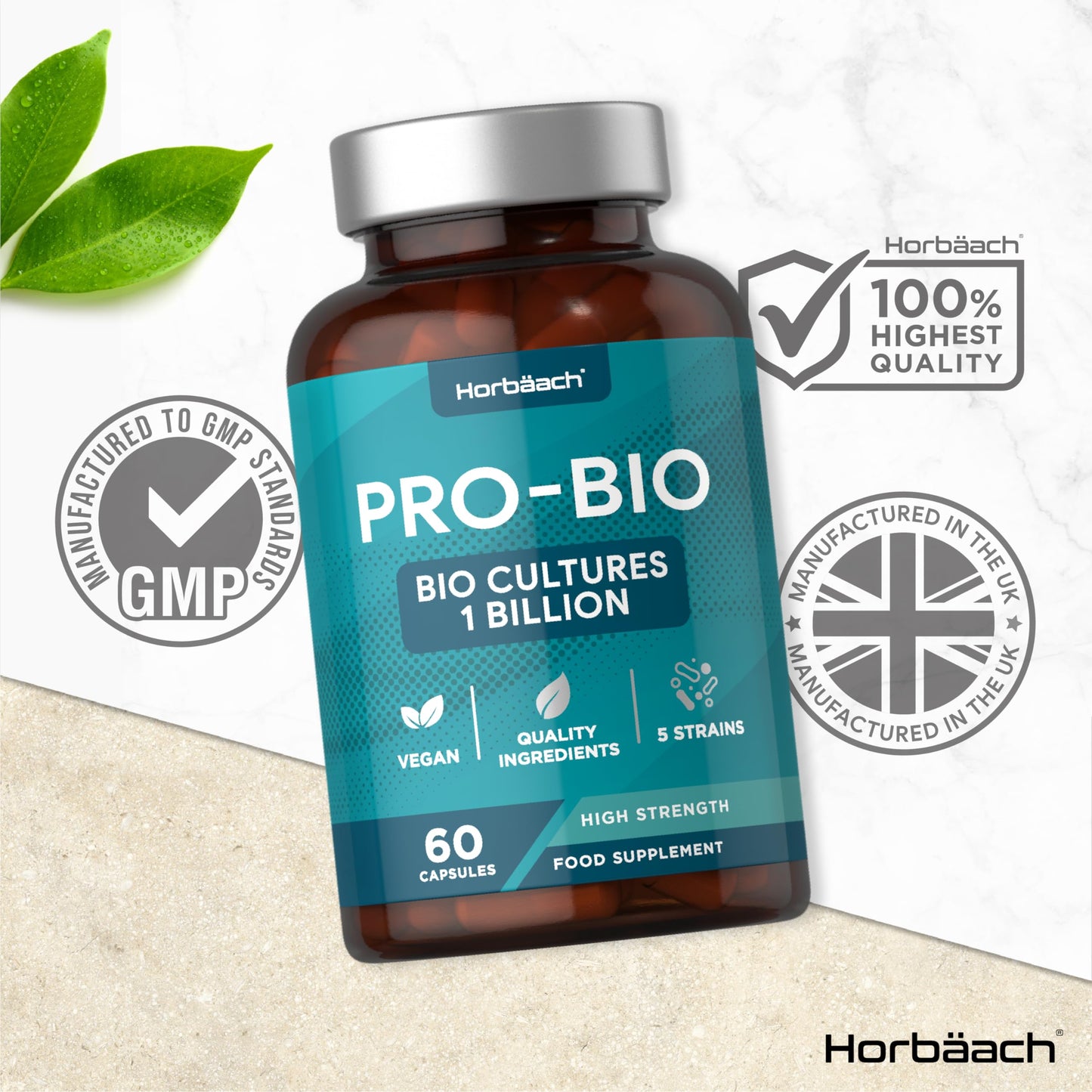 Probiotics for Gut Health | Bio Cultures Complex with Acidophilus & Bifidobacterium, Lactobacillus | 60 Vegan Capsules | by Horbaach
