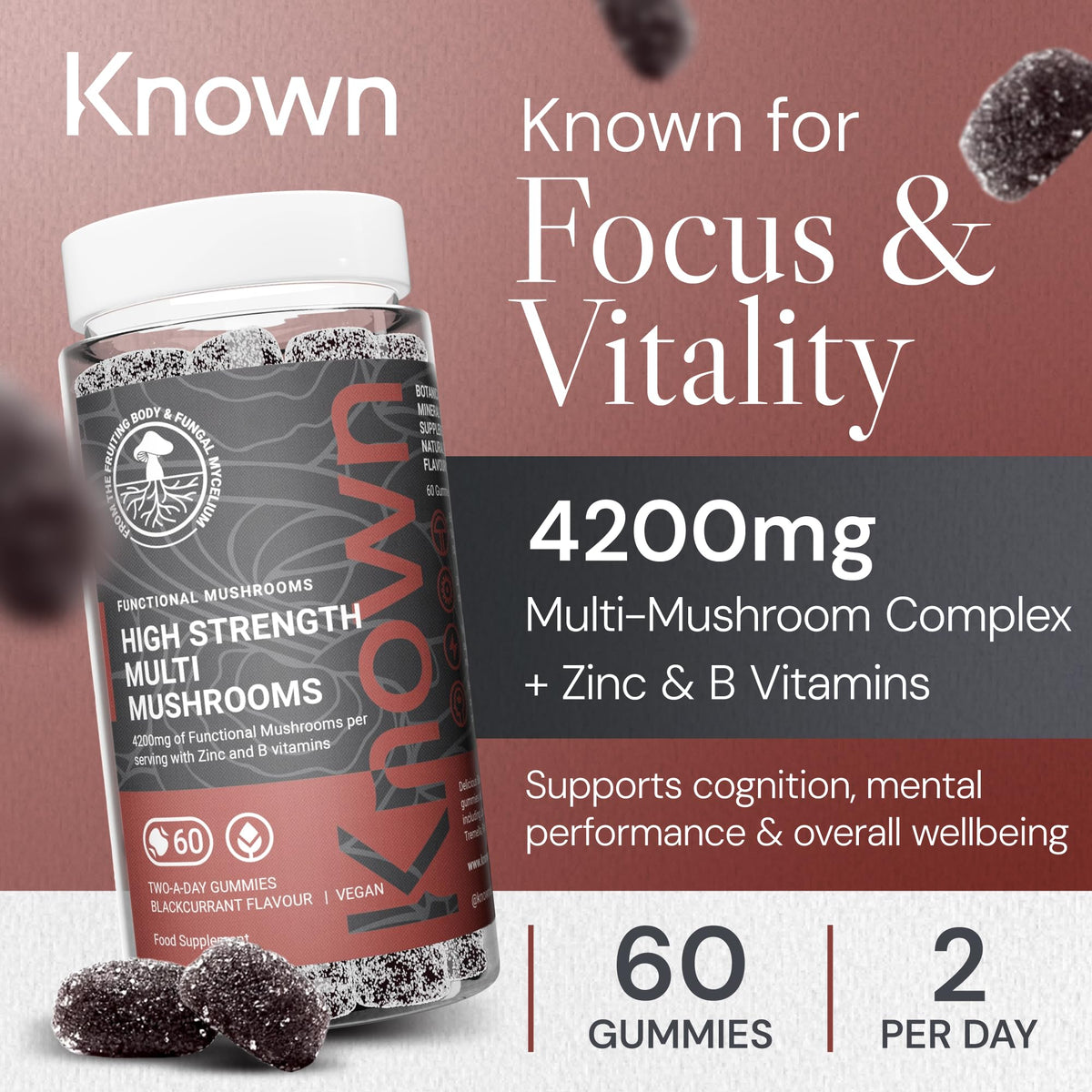 Known 4,200mg High Strength Multi Mushroom Gummies – Blackcurrant Flavour – Lions Mane, Reishi, Cordyceps, Chaga, Maitake, Tremella – Brain, Focus, Immune – 1 Month Supply – Vegan Supplement