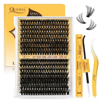 QUEWEL Lash-Clusters 320Pcs 60D+80D DIY Lash Extension Kit Mix 12-18mm Cluster-Lashes with Lash Bond and Seal and Lash Tweezer, Easily Create Thick and Charming Eyes at Home(60D+80D D MIX12-18 Kit)