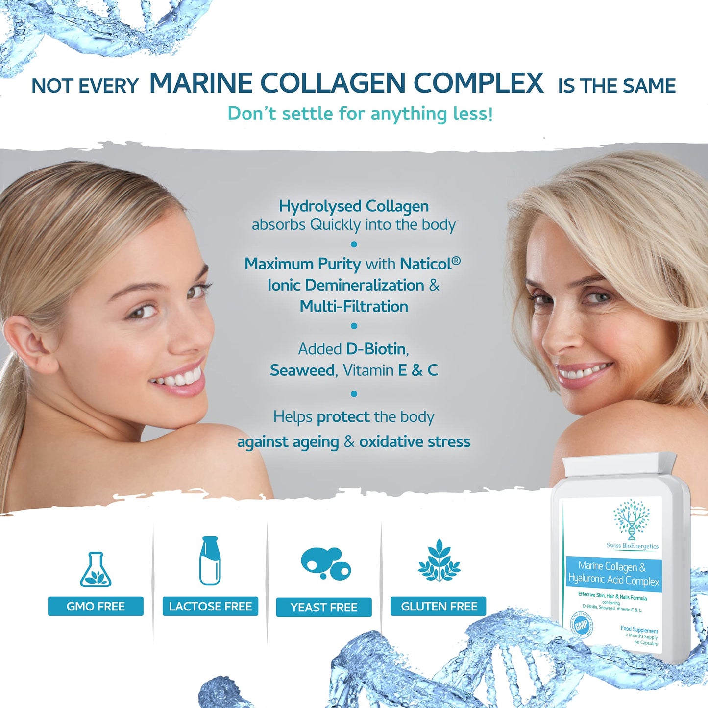 swiss bioenergetics Marine Collagen & Hyaluronic Acid Complex - 60 Capsules - 500mg of Highly Bioavailable Naticol® Hydrolysed Collagen