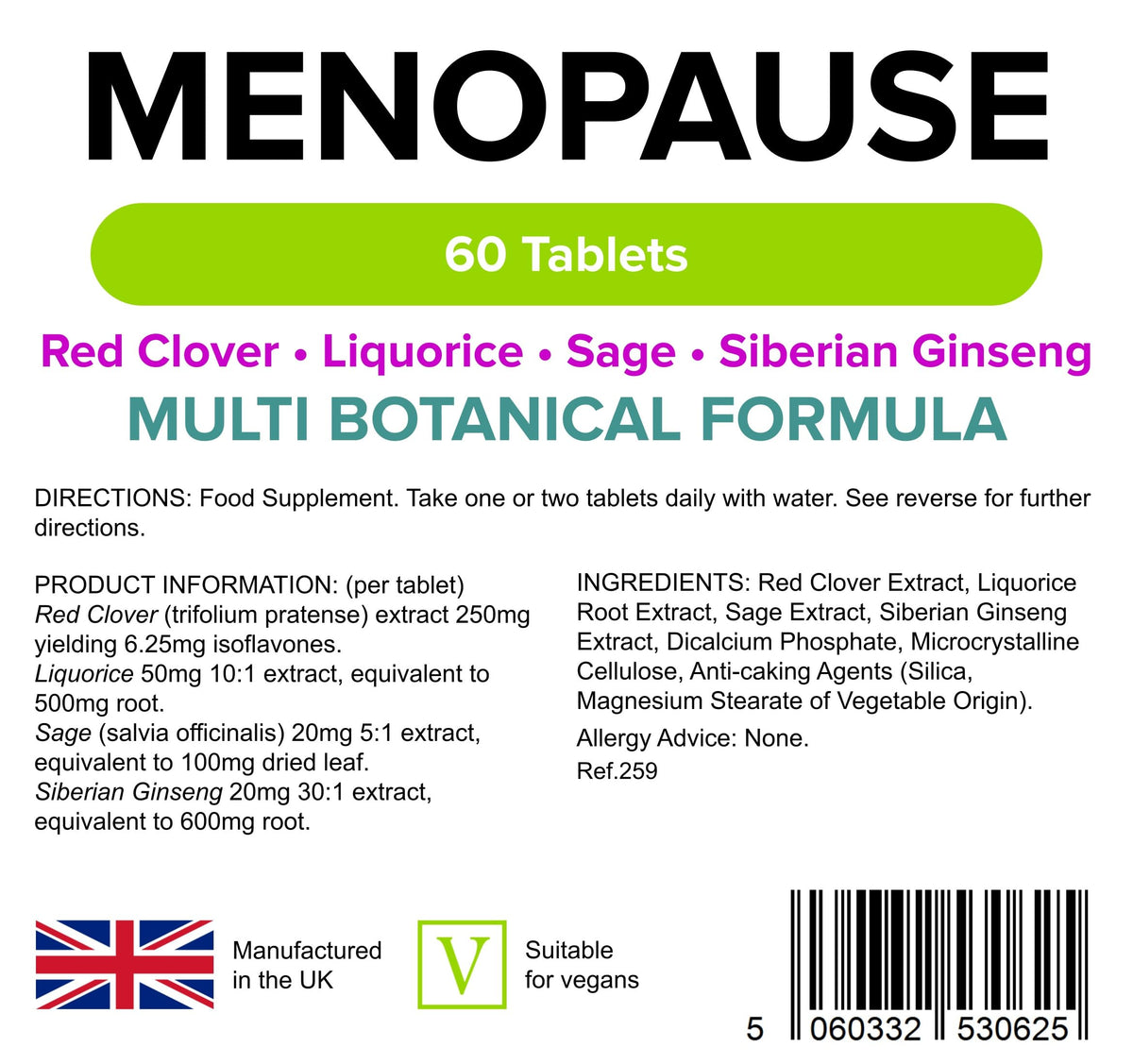 Lindens - Menopause 60 Tablets - UK Made - Multi Botanical Formula - Red Clover, Liquorice, Sage and Siberian Ginseng - Supports Wellbeing & Vitality, Letterbox Friendly - Vegan