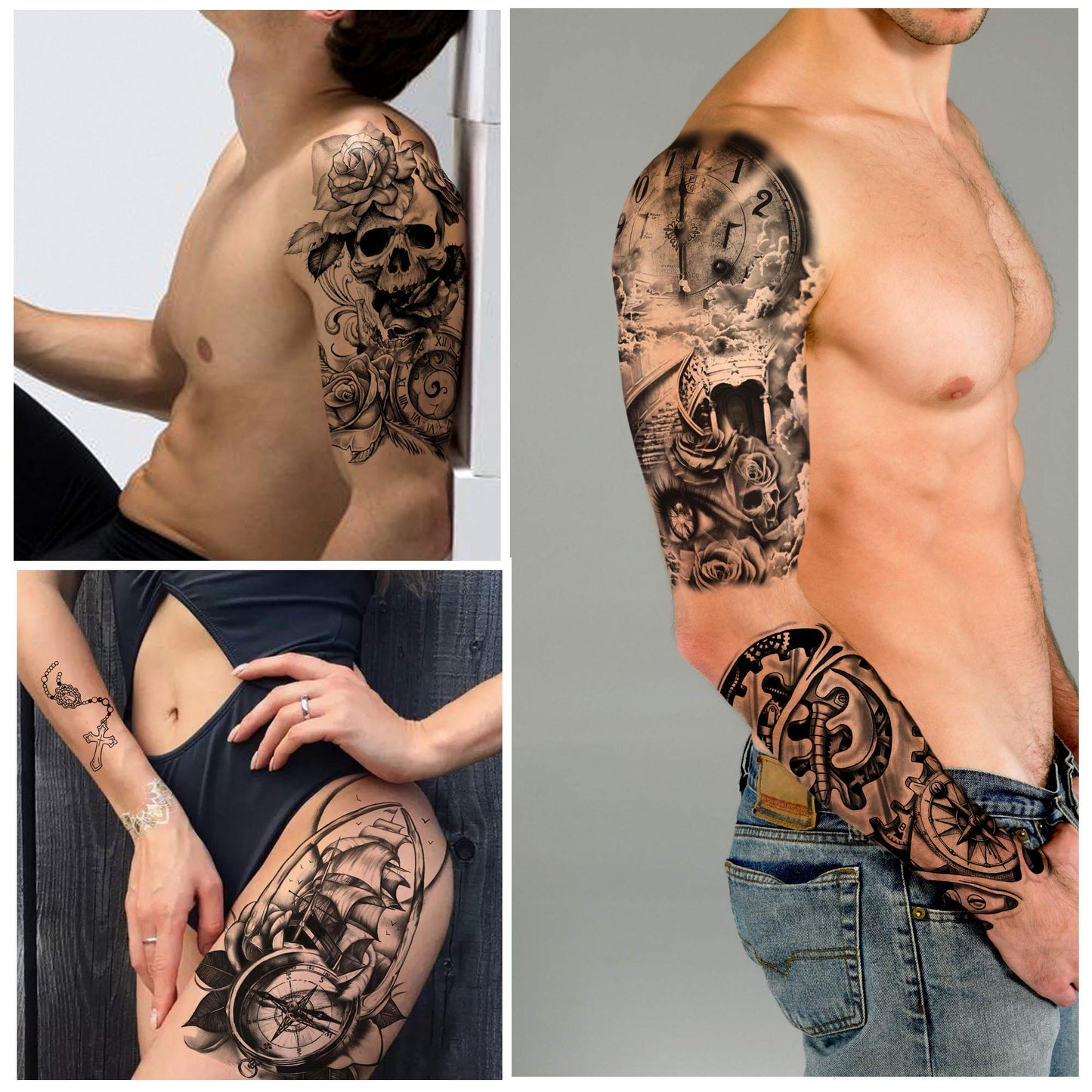Yazhiji 36 Sheets Temporary Tattoos Stickers, 12 Sheets Fake Body Arm Chest Shoulder Tattoos for Men or Women with 24 Sheets Tiny Black Temporary Tattoos.