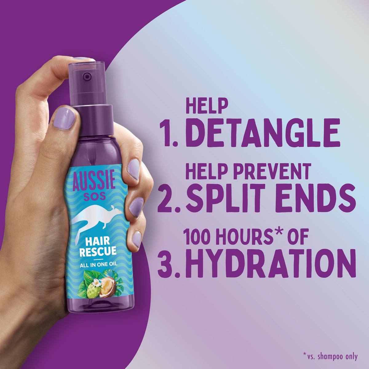 Aussie SOS Hair Rescue All In One Hair Oil 100ml to Detangle and Smoothen Hair While Helping Prevent Split Ends and Keeping Hair Hydrated For 100 Hours. Vegan Formula (Package may vary)
