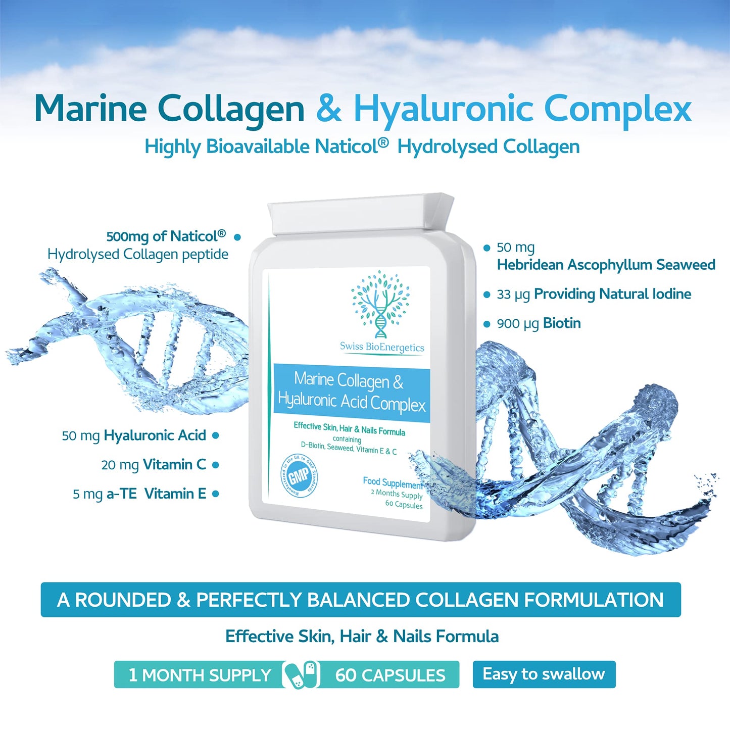 swiss bioenergetics Marine Collagen & Hyaluronic Acid Complex - 60 Capsules - 500mg of Highly Bioavailable Naticol® Hydrolysed Collagen