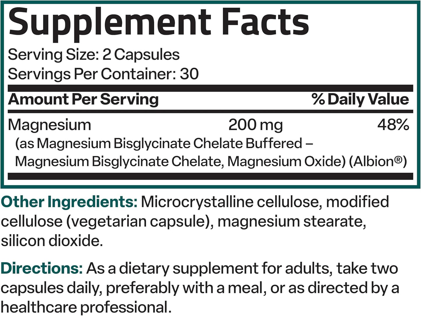 Magnesium Glycinate 200 MG per Serving Chelated for High Absorption, Gentle On Stomach, Non-GMO, 60 Vegetarian Capsules