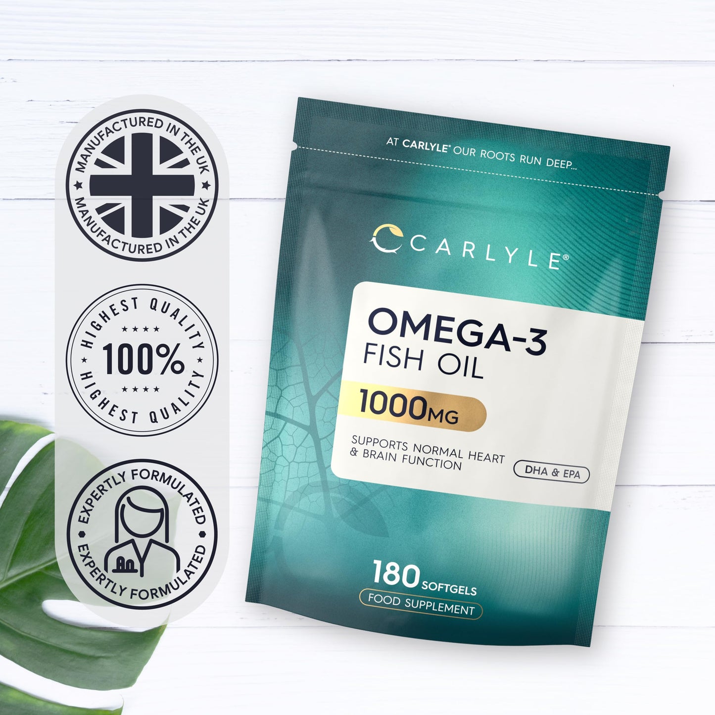 Omega 3 Fish Oil Capsules High Strength | Fatty Acids Supplement | 1000mg with 180mg of EPA and 120mg of DHA | 180 Softgels | by Carlyle