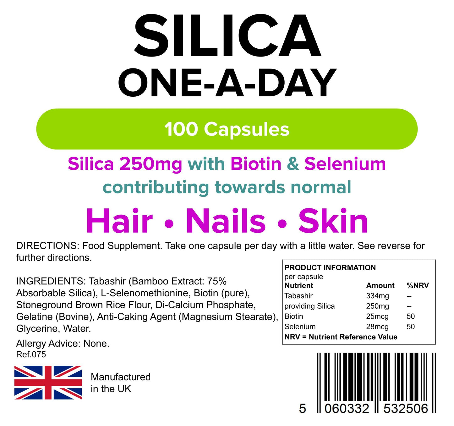 Lindens - Silica 250mg, 100 Capsules - UK Made - Fortified with Biotin & Selenium, Contributes to Healthy Hair, Nails & Skin - Premium Bamboo Extract, Letterbox Friendly