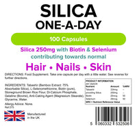 Lindens - Silica 250mg, 100 Capsules - UK Made - Fortified with Biotin & Selenium, Contributes to Healthy Hair, Nails & Skin - Premium Bamboo Extract, Letterbox Friendly