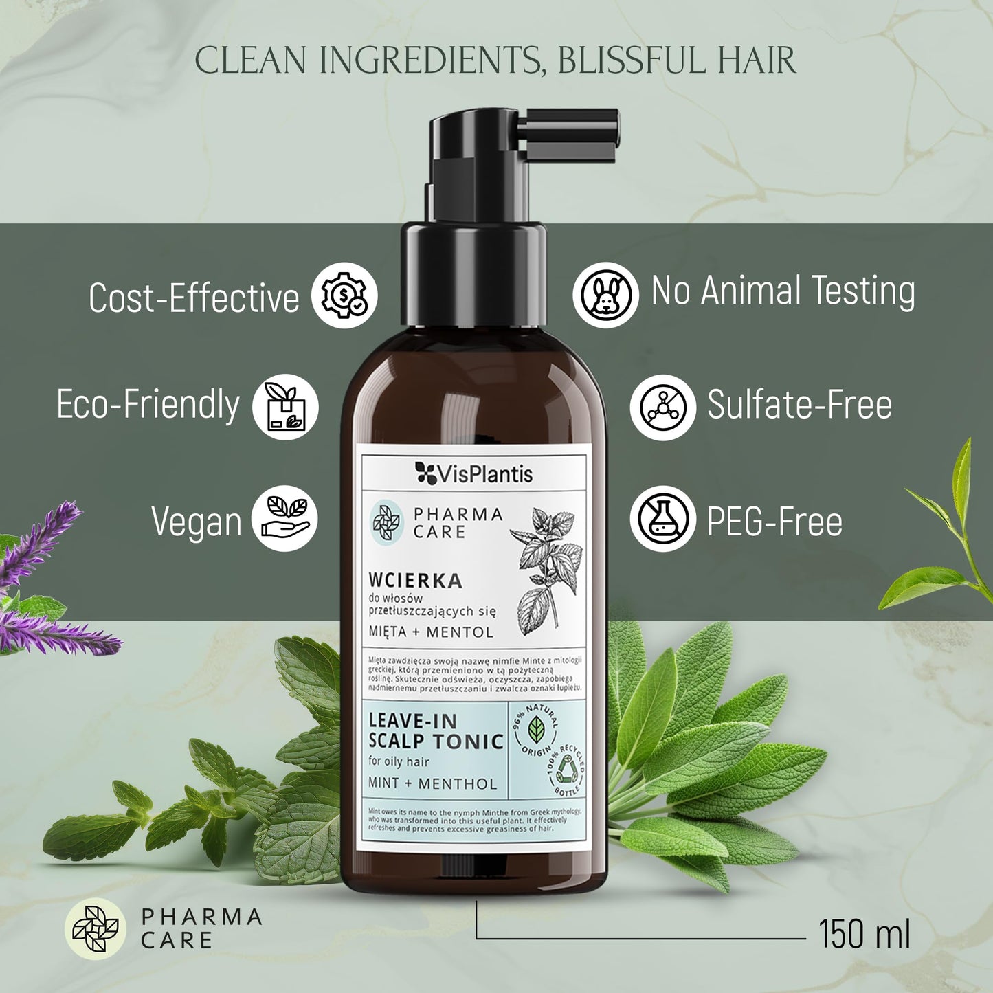 Vis Plantis Leave-in Scalp Tonic with Mint & Menthol - 150 ml Sebum Control Lotion for Oily Hair & Roots - Oily Scalp Moisturiser, Soothing & Cooling Hair Tonic - Nourishing Greasy Hair Care Treatment