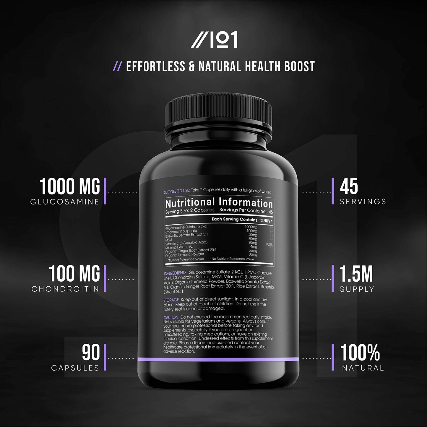 ALPHA01 Glucosamine & Chondroitin Complex - with MSM, Boswellia, Rosehip, Ginger & Turmeric - Made from Pasture Raised, Grass-Fed Bovine - Non-GMO, 90 Capsules