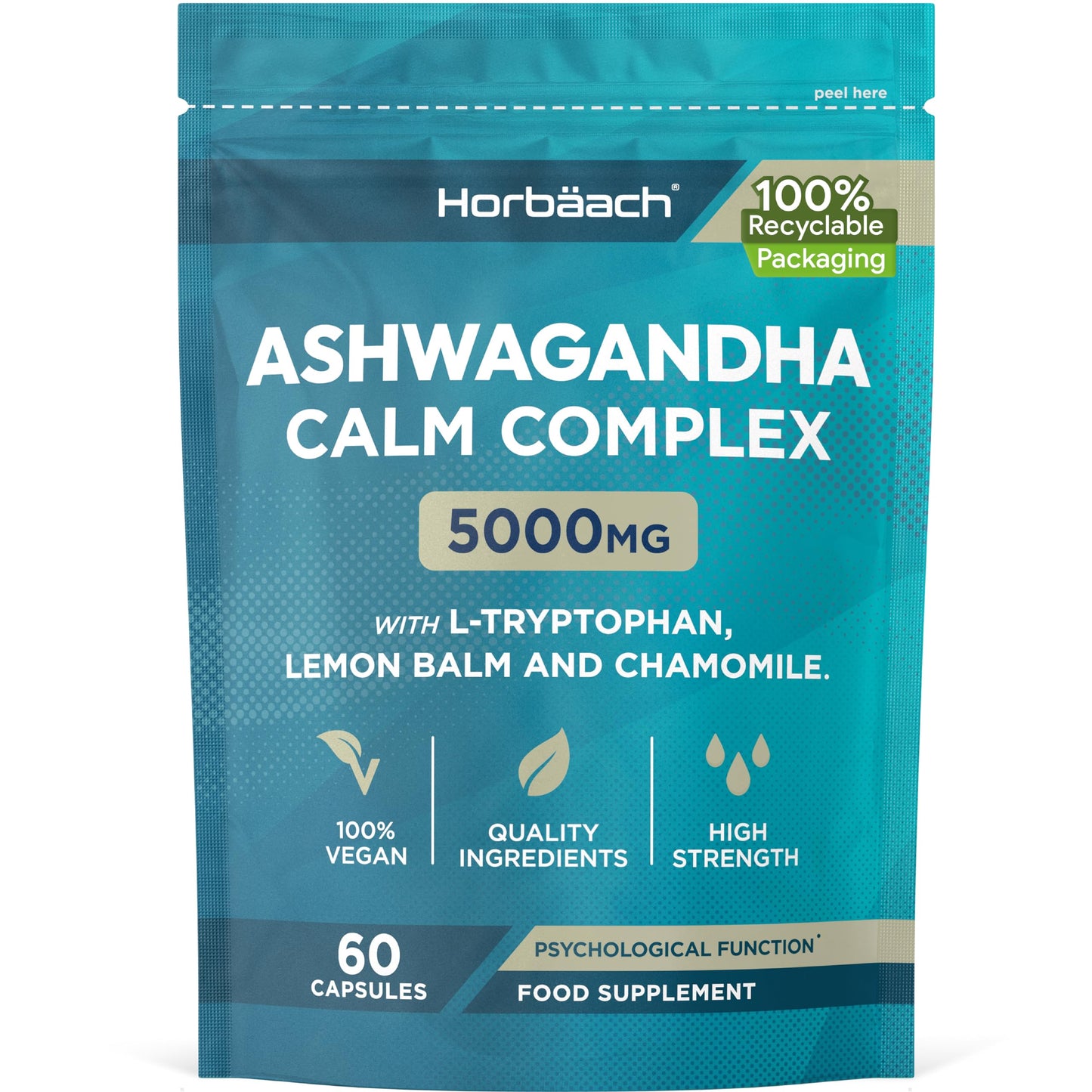 Horbäach Ashwagandha Capsules 5000mg | Calm Complex with High Strength B Vitamins (B1, B2, B3, B6 & B12) and Amino Acids | Formula for Men & Women | 60 Vegan Capsules | by Horbaach